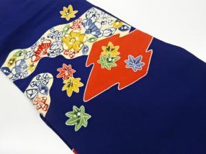 縮緬地型染道長取に松皮菱・紅葉・花模様名古屋帯